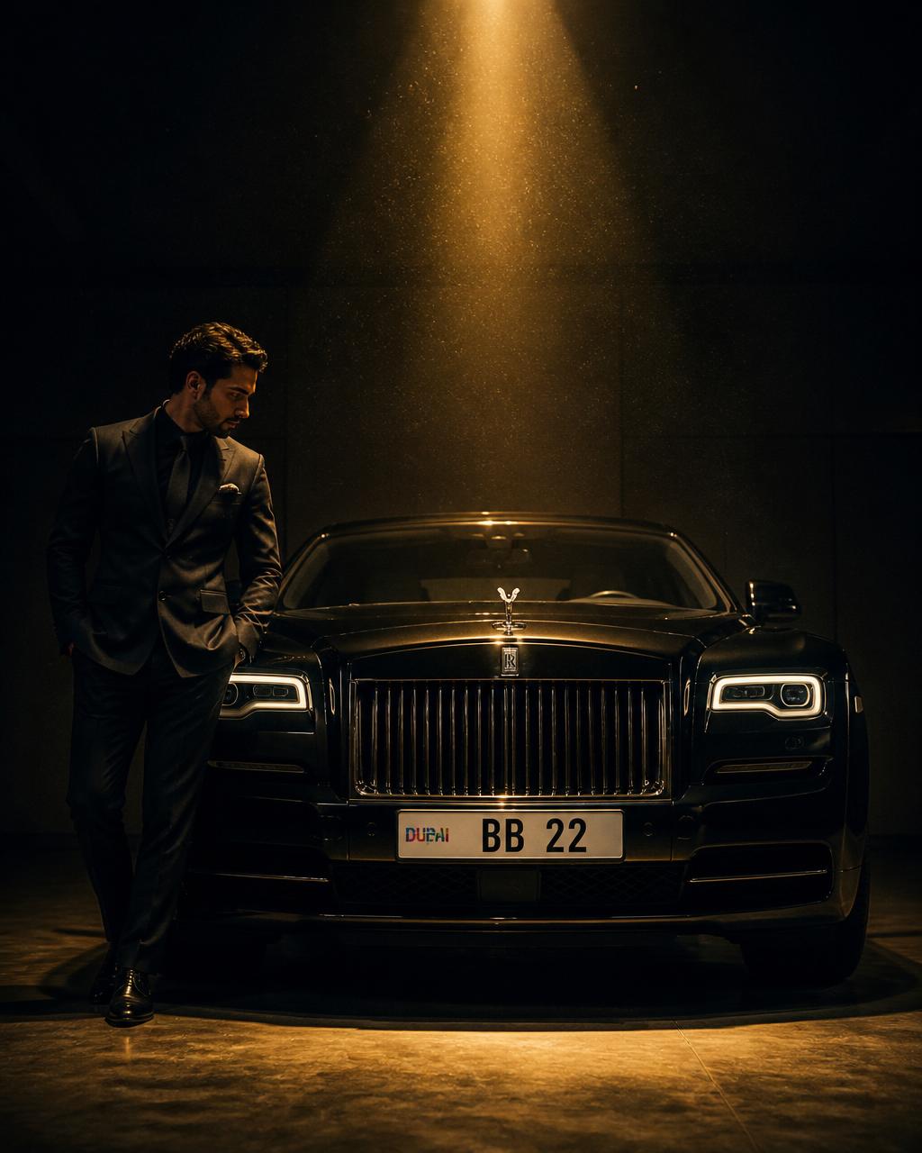 A collector standing beside a Rolls-Royce with plate BB 22 in a golden-lit private showroom