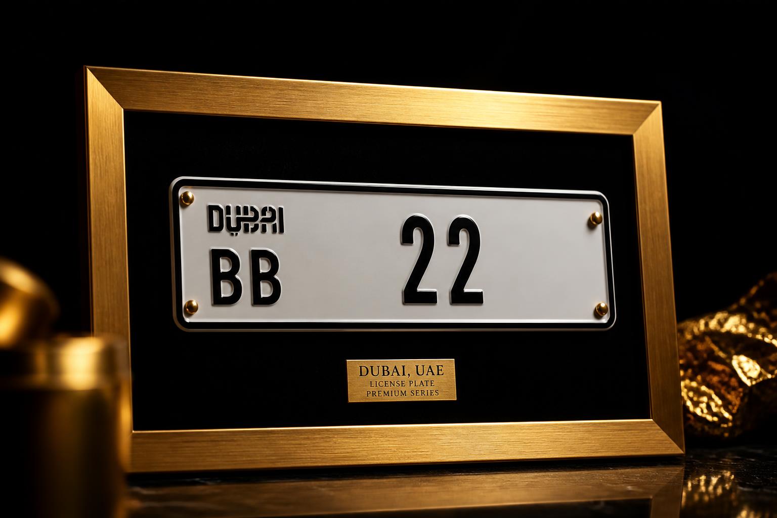 Framed Dubai registration plate in a dark gallery setting