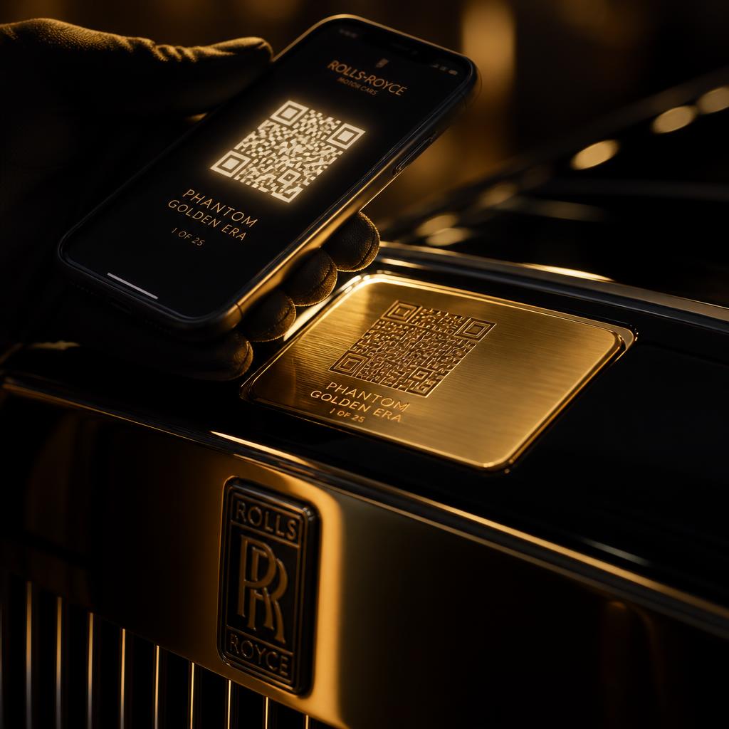 Gloved hand scanning a gold QR plaque on a luxury car